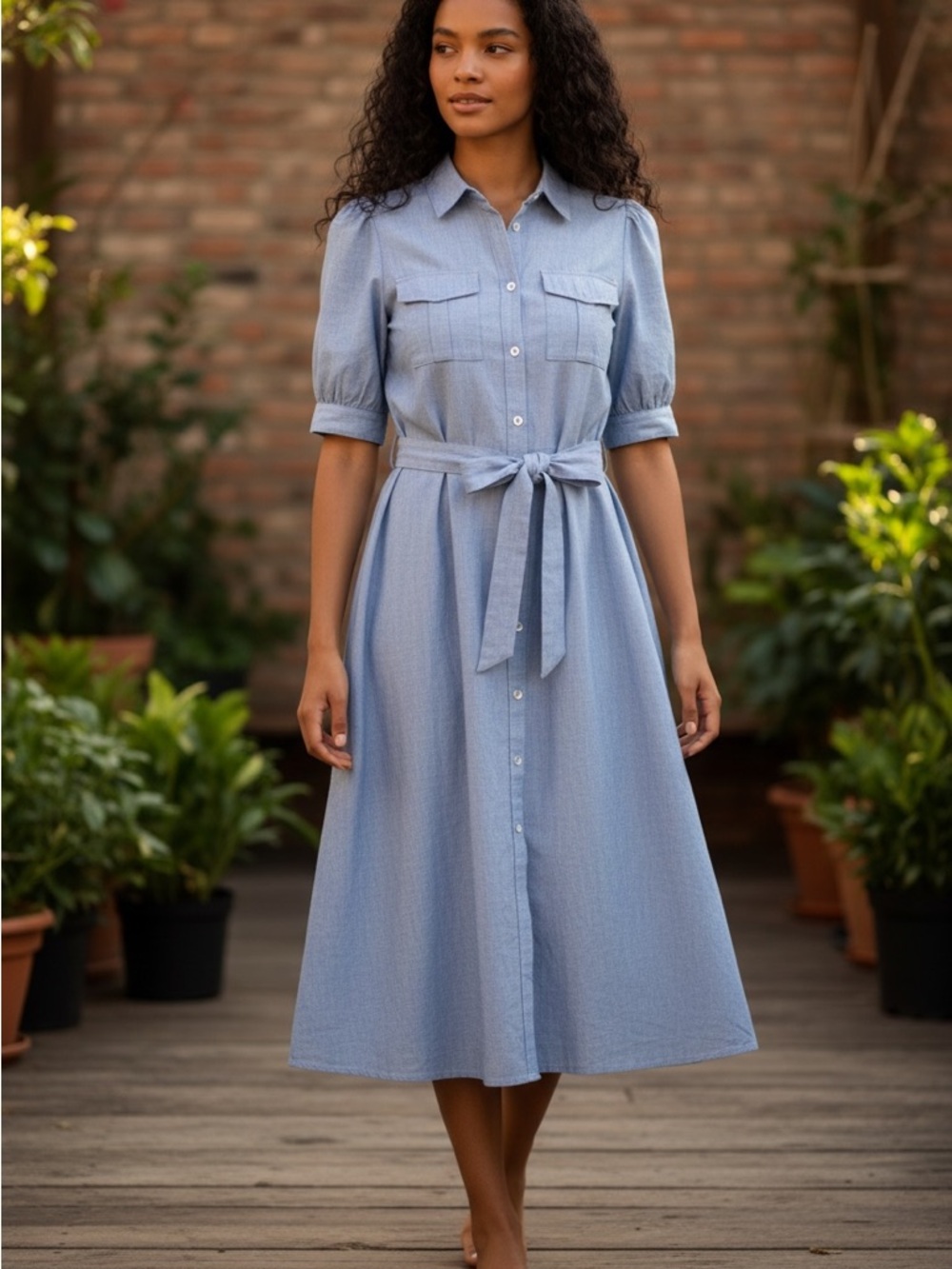 Light Blue Shirt Dress with Tie Waist - Picture 1 of 7